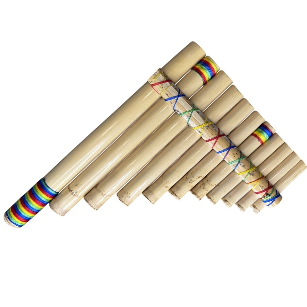 Handcrafted Bamboo Pan Flute 10 Pipe Natural Wood Wind Instrument Rainbow Wrap